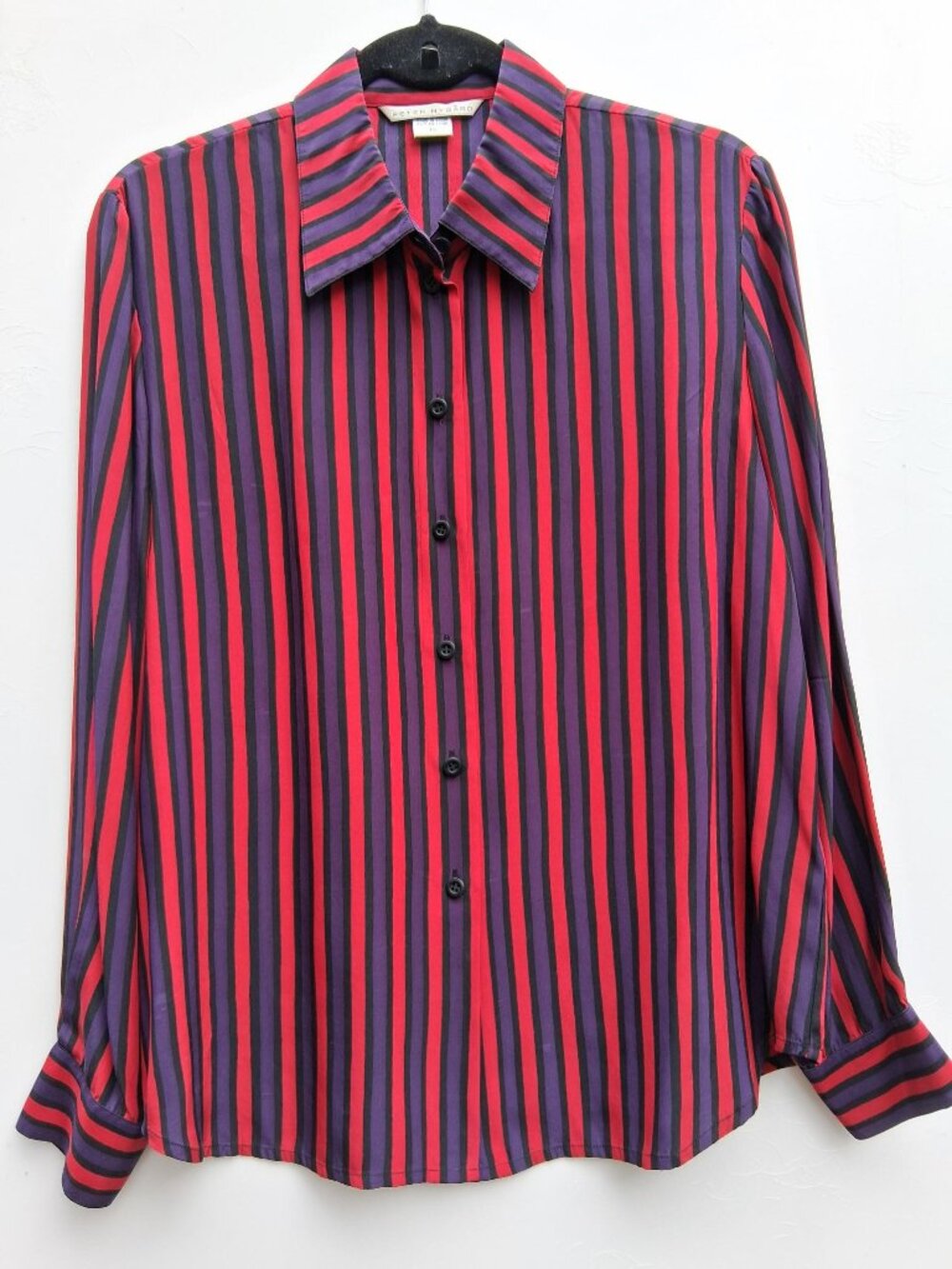 Vintage Peter Nygard women's silk shirt, red and purple stripes (Size 10)